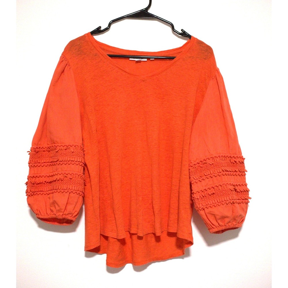 Chicos Orange Slub Knit Scoop Neck Top Textured Lace Balloon Sleeve Size 2 Large